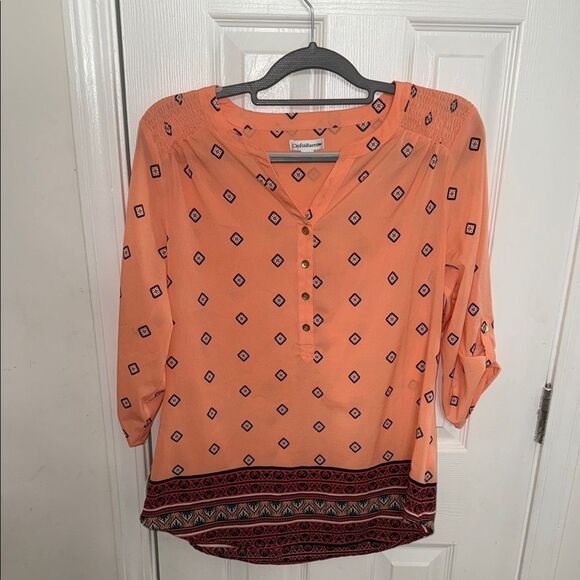 Orange Buttoned Mandarin Collar Blouse - Picture 1 of 8